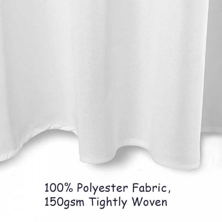 White 90-inch round tablecloth made of 100% polyester, featuring elegant surged edges for weddings and events.